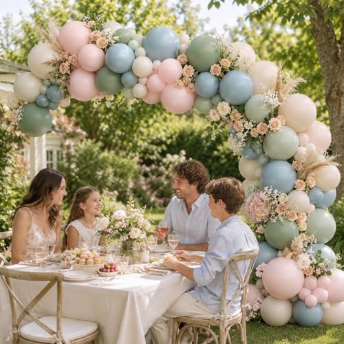 Image of Pink Blue Green Balloons, Boho Baby Shower Wildflower Floral Party Balloons | Dusty Green Pale Pink Beige Balloons, Dusty Blue Blush Sand White Balloons for Baby In Bloom Garden Tea Birthday Party Decor