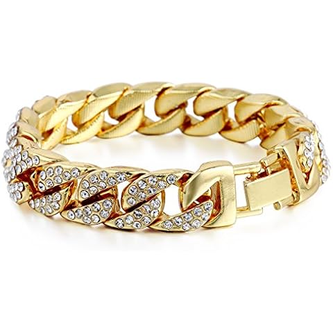 Hermah 14mm Mens Womens Chain Hiphop Iced Out Curb Cuban Gold Plated Bracelet w Paved Clear Rhinestones 8.28inch Cover