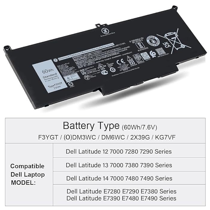 Image of R & I F3YGT 7.6V 60Wh Laptop Batteries Compatible with Dell Latitude 12 7000 7280 7290 13 7380 7390 14 7480 7490 E7280 E7480 E7290 E7380 E7390 E7490, Fits 2X39G DM3WC 0DM3WC DM6WC KG7VF