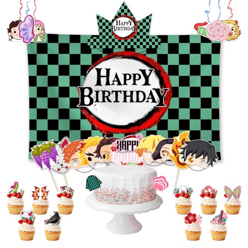 Allenjoy Japanese Style Anime Demon Party Decorations Set with Backdrop, Headbands, Masks, Cupcake Toppers, Hanging Swirls and Photo Booth Props, Party Supplies and Favors for Chirstmas Birthday by Allenjoy - Used condition - US$17.04