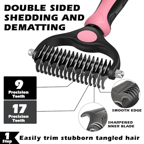 Image of Professional 3PCS Self Cleaning Slicker Brush & Pet Grooming Rake & Flea Comb for Dogs,Cats and Horses | Double-Sided Dematting Comb & Skin Friendly Deshedding Grooming Tool (Light Pink)