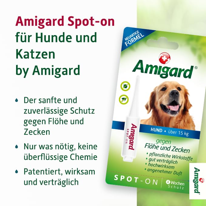 Amigard Spot-On 1er Pack für mittlere Hunde, gegen Zecken und Flöhe, 1 Monat Schutz, pflanzliche Wirkstoffe, ohne Parfüm und Konservierungsmittel, vegan