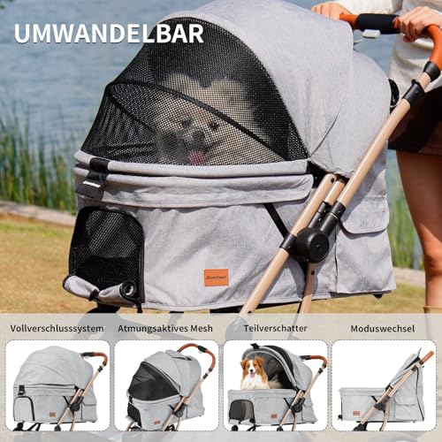 EchoSmile Ein-Knopf-Falt Hundewagen, Hundebuggy bis 20kg für kleine mittel Hunde & Katzen, Hunde Buggy & Katzenwagen mit Umkehrbarer Griff, Stoßdämpfung & Abnehmbares Waschbares Pad (Grau)
