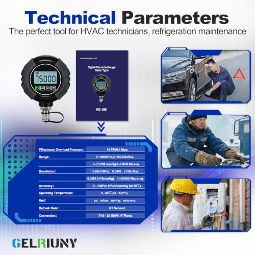 Image of Upgrade Digital Vacuum Gauge, HVAC Micron Gauge Tester, 0-75000 Microns | HVAC Vacuum Pressure Gauge, 7 /16-20 UNF, User-Set Audible Alarm Value, 1 /4 inch SAE Extension Connector and T-Type Connector