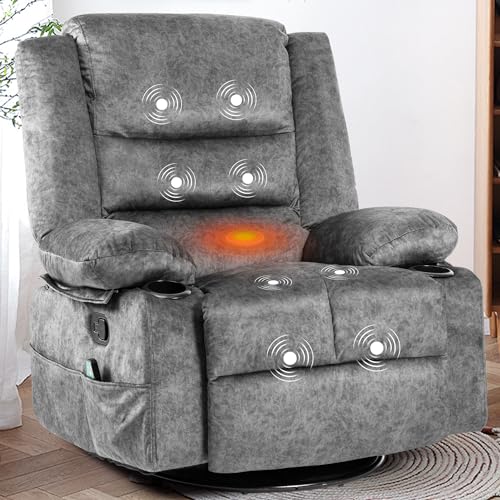 Image of Rocker Recliner Chair for Adults, Overstuffed Glider for Nursery with Cup Holders and Side Pockets, Swivel Single Sofa for Living Room, Grey