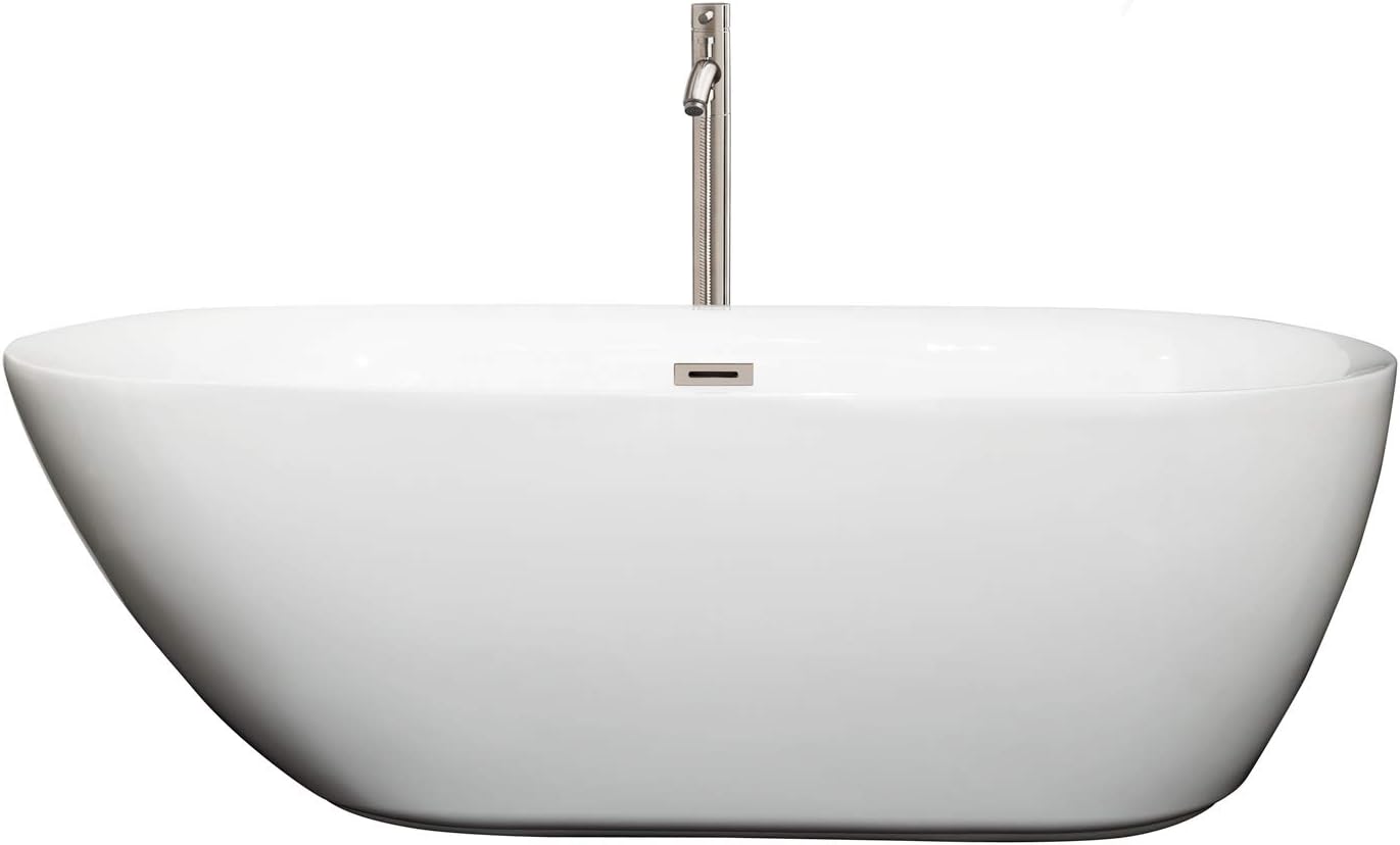 Wyndham Collection Melissa 65 inch Freestanding Bathtub for Bathroom in White with Floor Mounted Faucet, Drain and Overflow Trim in Brushed Nickel