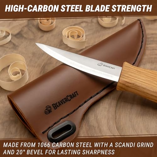 Miniatura 6 de Beavercraft, Cuchillo Sloyd C4s De 8cm - Cuchillo Sloyd Para Tallar Madera Con Funda De Cuero Para Tallar Y Desbastar Para Principiantes Y Profesionales Acero Duradero De Alto Contenido En Carbono
