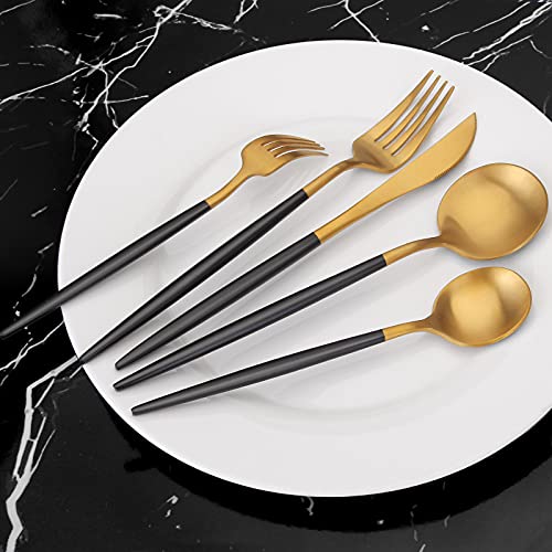 Matte Gold Silverware Set With Black Handle, Vanys 20 Piece Stainless Steel Cutlery Flatware Set, Kitchen Utensil Sets For 4, Tableware With Knife Spoons And Forks Set, Satin Finished Polished #TOP5
