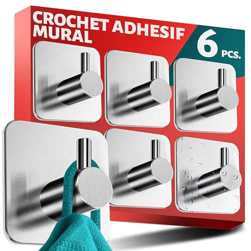 Menz 6 Pièces Crochet Adhesif Mural, Porte Serviette Salle de Bain, Etanche Autocollan Accroche Pour Torchon de Cuisine, Argenté