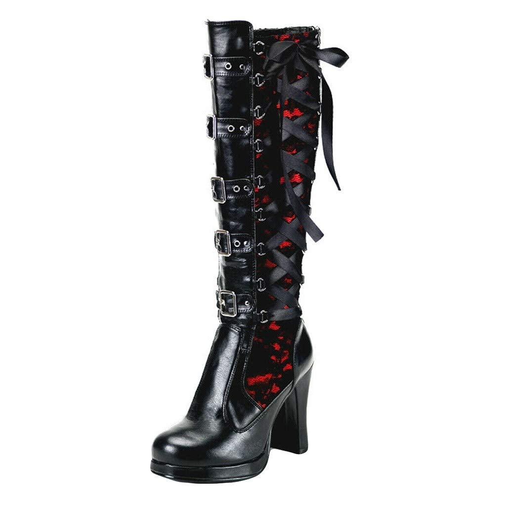 ZBYY Women's Chunky Heel Knee High Boots Vintage Punk Gothic Round Toe Lace up Ankle Buckle Chunky High Heel Platform Knight Boots
