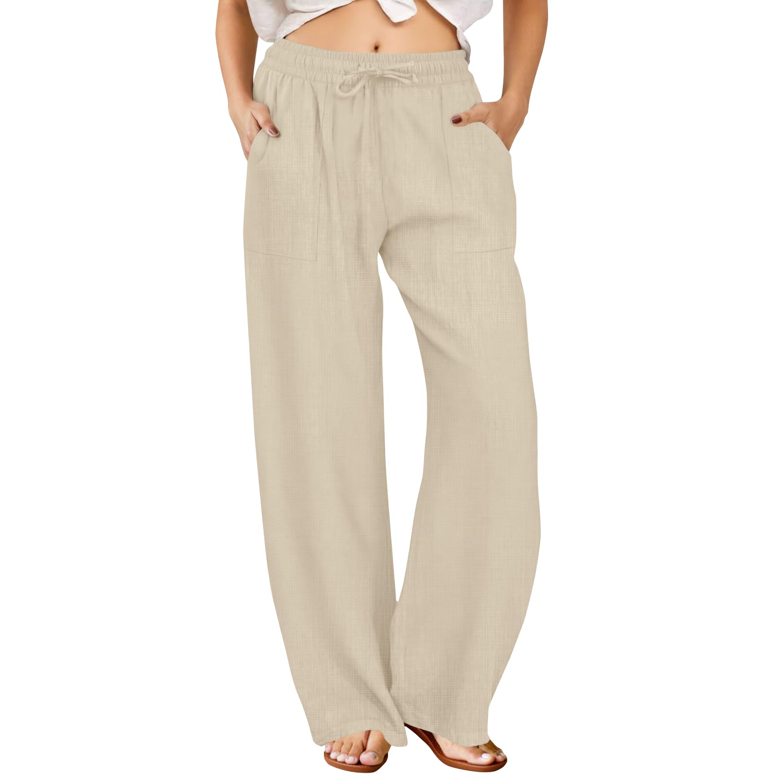 FireSwan Womens Palazzo Pants Casual Drawstring Flowy Pants Wide Leg Summer Beach Linen Trousers with Pockets