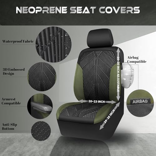 Image of CAR PASS Waterproof Car seat Covers Front Seats Covers Neoprene Wetsuit, All-Weather Non-Slip Durable,Universal Fit for SUV Sedans Trucks Vans Automotive,Armrest Airbag Compatible,Emboss 2 Black Green