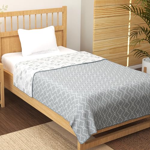 Image of Story@Home Dohar Single Bed Cotton 100% | 150GSM 144 x 220 CM Quilt AC Blanket for Summer | AC Comforter Single Bed |Grey & White, Floral & Moroccan Reversible Design Duvet | All-Season Blanket