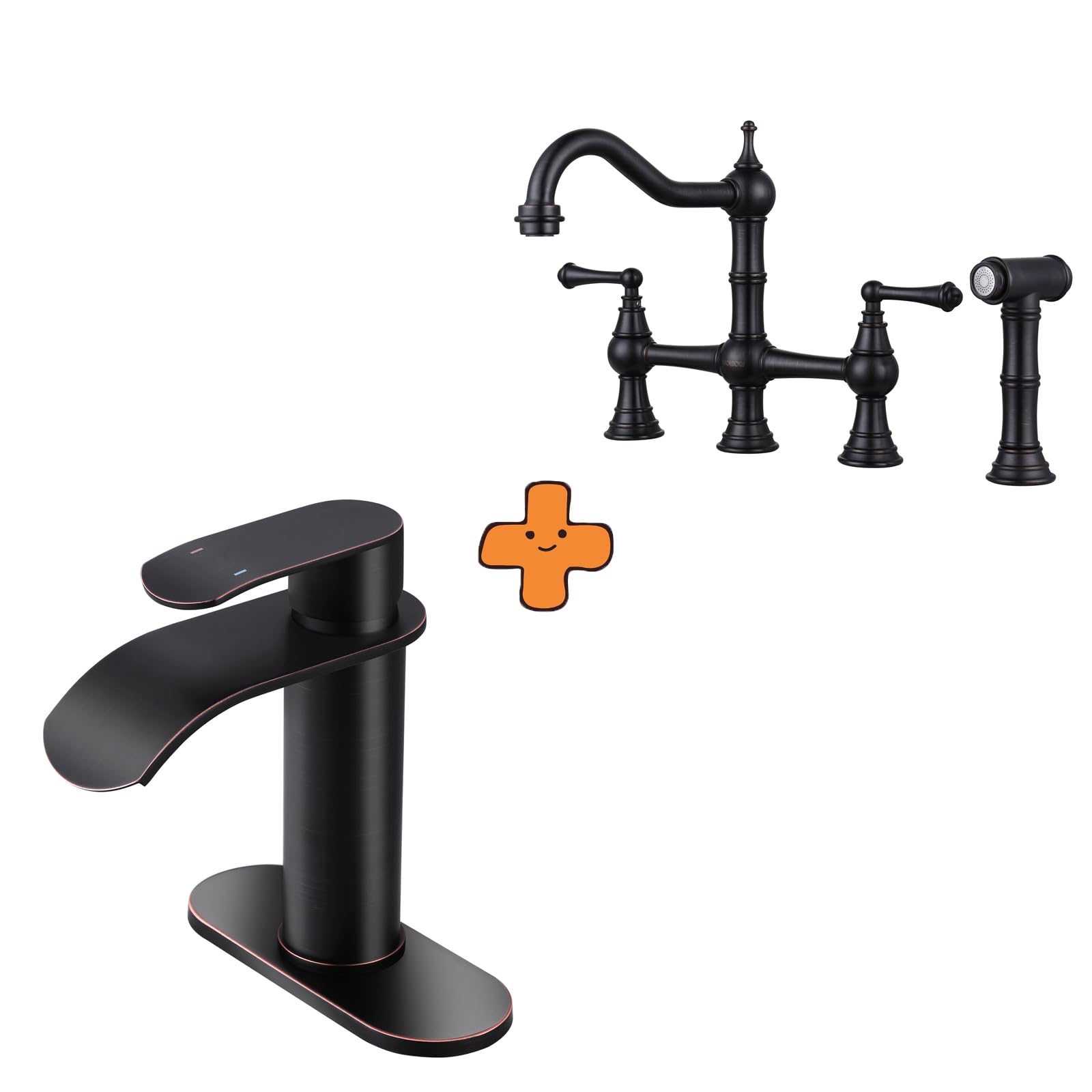 Jnfidosr Bronze Waterfall Bathroom Faucet,Oiled Rubbed Bathroom Sink Faucet And Brass Kitchen Faucet With Side Sprayer, 8 Inch Centerset Bridge Faucet For Kitchen Sinks