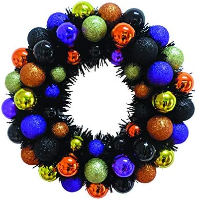 Season Treasure 16inch Halloween Glitter Ball Wreath Halloween Decoration Ball Ornaments Front Door Window Hanging Decorations Wreath(Assorted No.1)