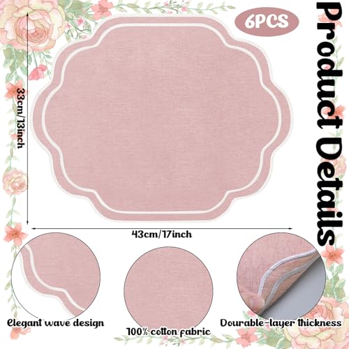 Breling 6 Pcs Pink Wedding Placemats Scalloped Embroidered Cotton Linen Placemats 17" x 13" Double Layered Machine Washable Table Place Mat for Party Table Decor (Cotton) by Breling - Used condition - Image 7