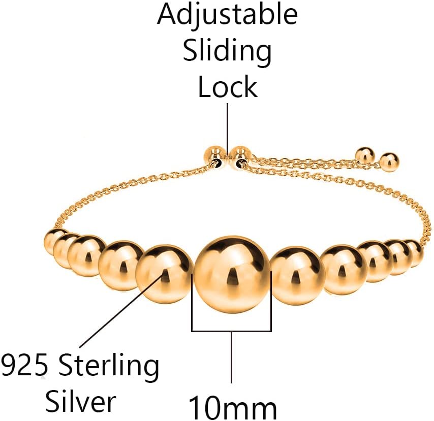 Savlano 925 Sterling Silver 14K Gold Plated Italian Solid Adjustable Bolo Graduated Bead Ball Slider Bracelet Comes With Gift Box for Women - Made in Italy - Image 2
