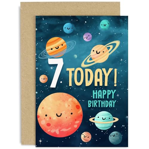 Old English Co. Seventh Birthday Card for Boys and Girls - Happy 7th Birthday - Age 7 - Seven Years Old - Cute Space Planets Themed Birthday Card for Daughter, Son, Grandaughter, Grandson