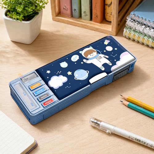Image of WISHKEY Astronaut Theme Pencil Box for Kids, Dual Side Pencil Box with Magnetic Lock, Multifunctional Pencil Case with Pencil Holder, Storage Compartments, Built-in Sharpener (Pack of 1, Blue)