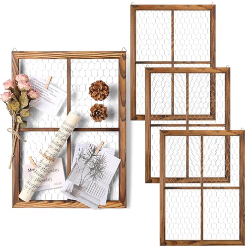 Chunful 4 Pack Chicken Wire Wooden Frame Unfinished Wood Window Frame with Chicken Wire Mesh for Crafts Photos Jewelry Decoration(Coffee Brown,Outer 16 x 12 in, Interior 15 x 11 in,Cross)
