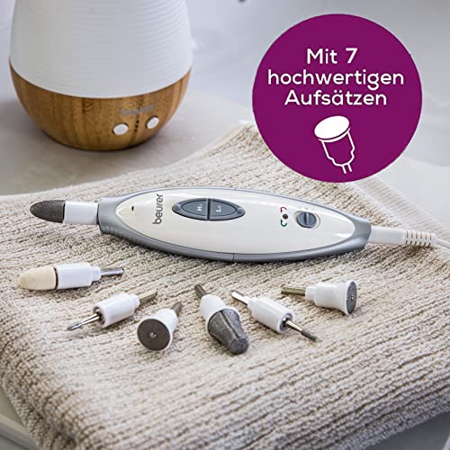 Beurer MP 41 Maniküre-/ Pediküreset, elektrische Nagelfeile mit 7 Aufsätzen, helles LED Licht, Nagelfräser für gepflegte Nägel, mit Aufbewahrungstasche, Nagelpflege für Hände und Füße, Weiß