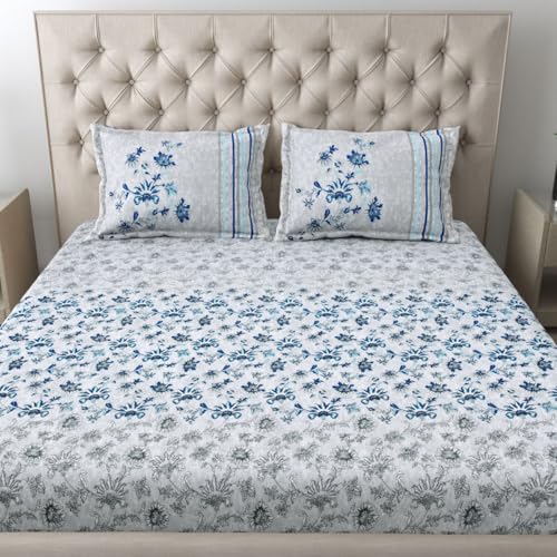 Image of Mafatlal 186 TC Spring Glory Cotton Bedsheet King Size | 108 x 108 Inches | Summer Breathable Fabric Bed Cover for Comfortable Sleep | Premium Bedding with 2 Pillow Covers | Palace Blue