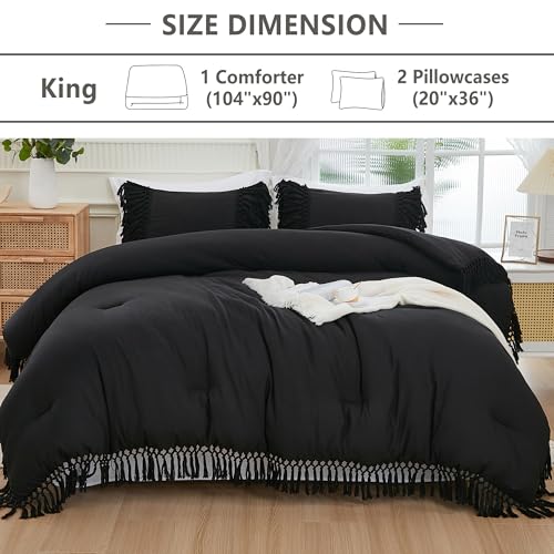 Image of Andency Black Comforter Set King, 3 Pieces Boho Tassel Lightweight Soft Bedding Comforter Sets for King Bed, All Season Fluffy Fringe Bed Set (104x90In Comforter & 2 Pillowcases)