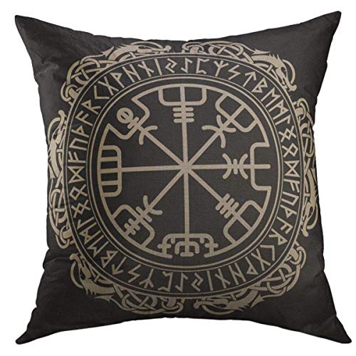 Mugod Decorative Throw Pillow Cover for Couch Sofa,Black Celtic Viking Design Magical Runic Compass Vegvisir in the Circle of Norse Runes Dragons Tattoo Home Decor Pillow case 18x18 Inch