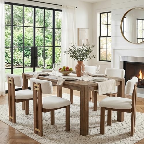 Image of HNY Modern Farmhouse Boucle Dining Chairs Set of 6, White Sherpa Fabric Upholstered Dining Room Kitchen Chairs with Natural Wood Frame & Curved-Back, Armless Accent Wood Chairs for Dining Living Room