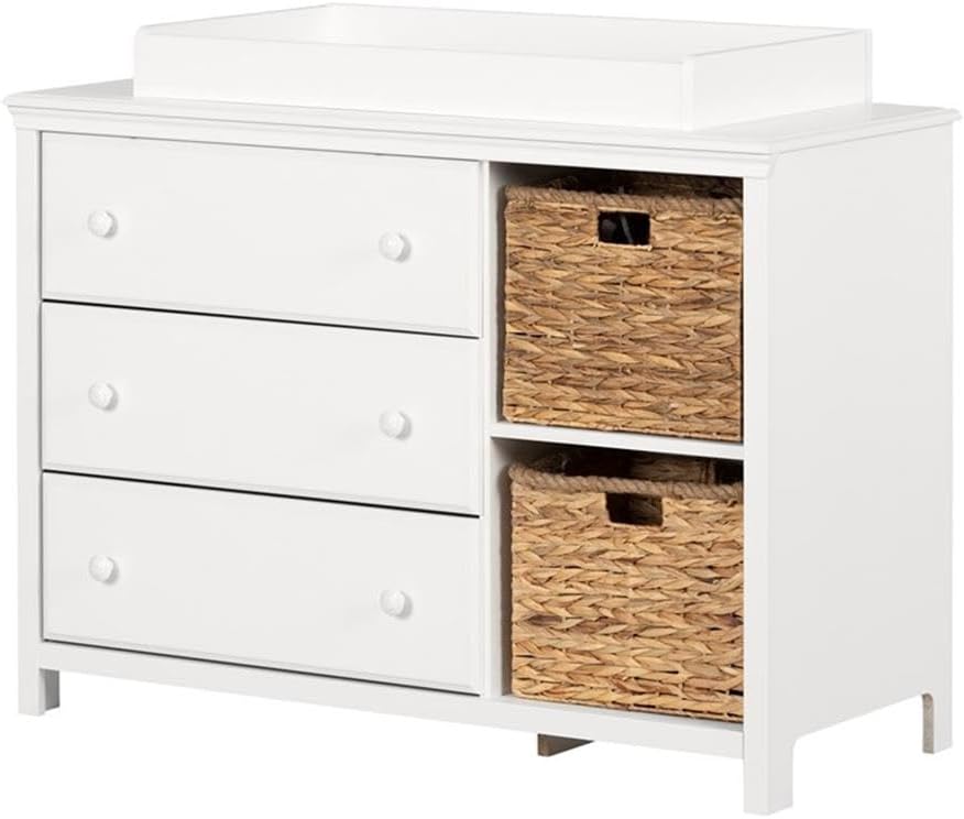 Pemberly Row Contemporary Baby Changing Table, Pure White Finish, Includes 2 Wicker Baskets, 3 Drawers with Metal Slides, Removable Rim, Converts to Dresser, Nursery Storage Furniture