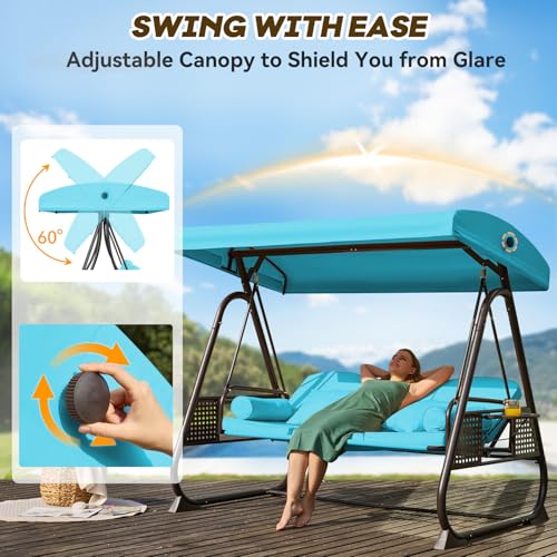 Image of 3 in 1 Outdoor Porch Swing with Adjustable Canopy, 3 Seat Outdoor Swing for Adults, Patio Swing Chair with Thickened Cushions,Pillows & Cup Holders for Backyard, Porch, Garden (Lake Blue)