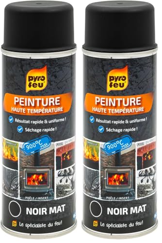 Pyro Feu - Peinture Haute Température Noire Mat - Résiste Jusqu’à 900°C - Rénovation Poêle, Insert, Plaques, Chenets, Barbecues, Fours, Pièces Mécaniques -...
