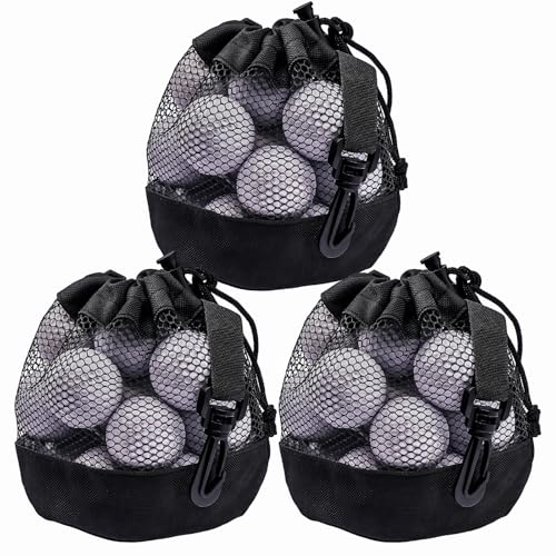 KyuerWK 3PCS Golf Ball Bags with Drawstring Nylon Mesh Bag for Golf Balls Design for Most Outdoor Storage (Black)