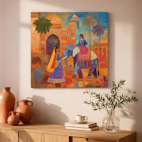 Image of PAINTINGMANTRA Rajasthani Elephant Art Stretched Canvas Painting for Living Room | Indian Ethnic Painting Wall Decor Art For Livingroom, Bedroom, Office, Hallways - 34x34 Inch