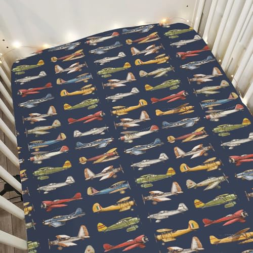 Image of Vintage Planes Airplanes Helicopters Baby Crib Sheets Boy Girl 28 inchx52 inch Navy Plane Models Aircraft Soft Stretchy Fitted Crib Mattress Cover Baby Sheet for Standard Crib & Toddler Mattress Pad