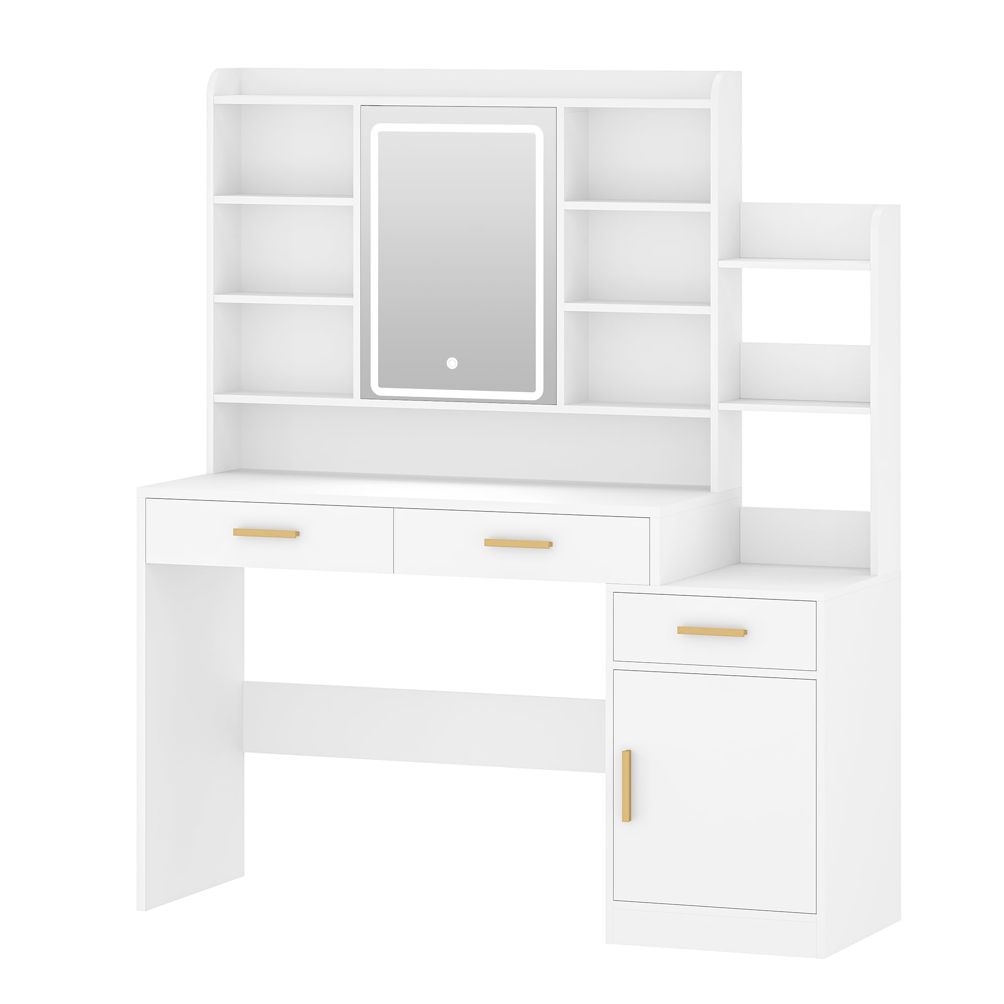 Hzuaneri Toeletta da Trucco, Ampio Piano d'appoggio con Specchio e Luce LED Regolabile, 3 Cassetti e 1 Armadietto, Ripiani Aperti a Più Livelli, per Camera da Letto, Guardaroba, Bianco DT39103X