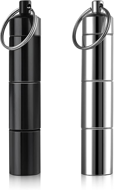 Grevosea 2 Pack Portable Pill Box, Metal Keychain Pill Holder Small Waterproof Pill Case Medicine Bottle 3 Compartment Keychain Aluminium Alloy Mini Pill Organizer Case for Outdoor Camping Travel
