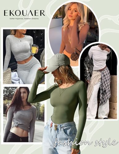Ekouaer Long Sleeve Shirts for Women Scoop Neck Tight Slim Basic Fitted Top - image 6
