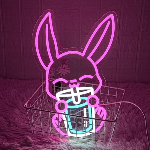 Image of Rabbit Drinking Milk Tea Neon Sign Easter Rabbit Neon Sign for Wall Decor Dimmable Led Pink Bunny Neon Lights USB Power Animal LED Sign for Home Decor for Bedroom Restaurant Easter Gifts