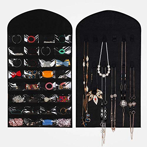 Didcant 32 Bolsillos Organizador de Joyería Colgante Visible, Portador de Joyas No Tejidas con 18 Ganchos y Bucles para Niñas/Mujeres Anillos de Viaje, Collares, Pulseras, Pendientes (1 Pack-Negro) Cover