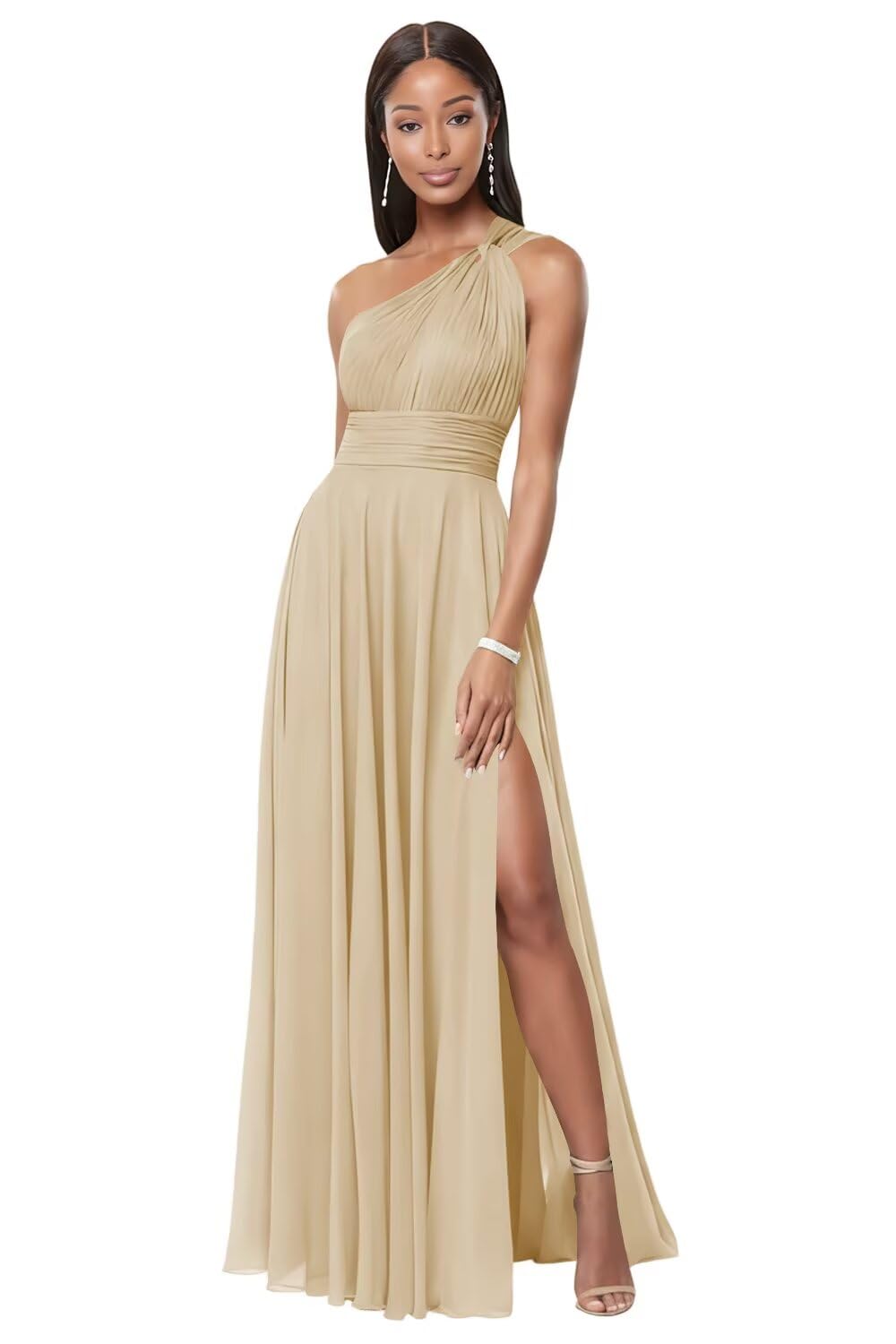 Chiffon One Shoulder Bridesmaid Dresses for Women Pleated Long Formal Party Dress with Slit EC009