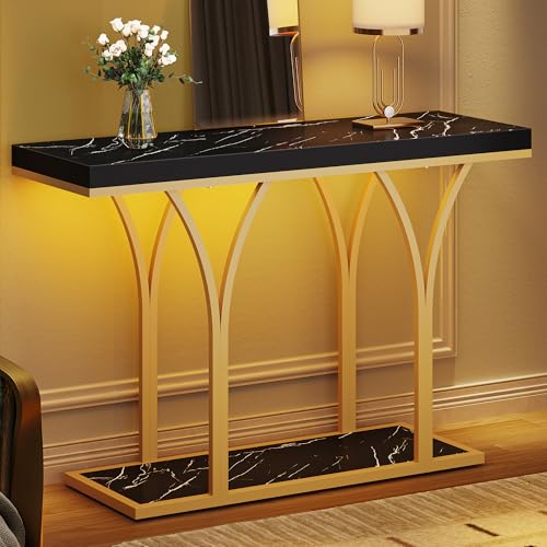 DWVO Gold LED Lit Modern 39-Inch Wide Console Table - Narrow Marble Top Foyer Furniture for Entryway, Hallway & Living Room Accent (Black)