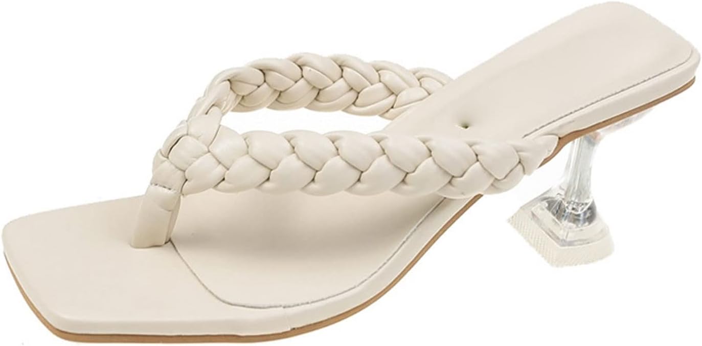 Sandals for Women Woven High Heel Women Slides Square Toe Sandals