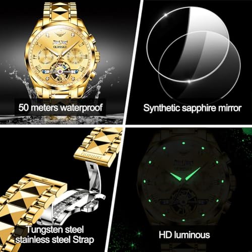 Image of OUPINKE Automatic Watches for Men Skeleton Mechanical Self Winding Luxury Business Dress Wrist Watch Diamond Tungsten Steel Sapphire Crystal Calendar Waterproof Luminous