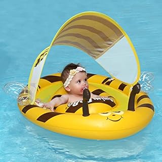 Baby Pool Float Ring with Adjustable Sun Canopy and Safety Seat Blue Bear Pool Toy for Age of 3-36 Months