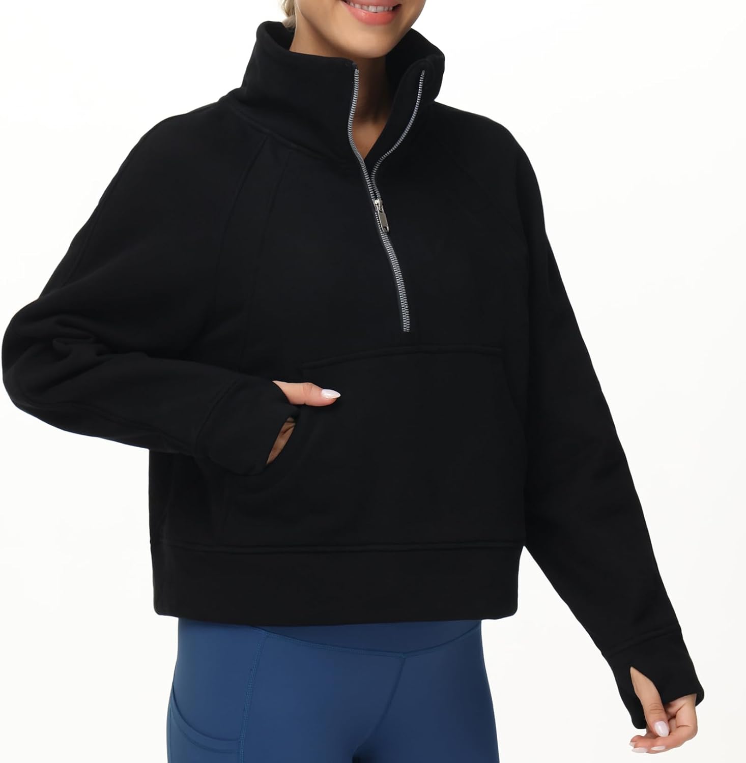 THE GYM PEOPLE Womens' Half Zip Pullover Fleece Stand Collar Crop Sweatshirt with Pockets Thumb Hole - Image 2