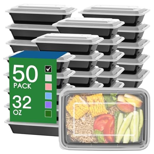 50 Pack (100-Piece) 32 oz Meal Prep Containers with Easy Open Lids, Black