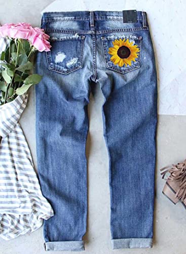 Astylish Women Sunflower Patchwork Destroyed Raw Hem Stretch Loose Boyfriend Ankle Jeans Classic Ripped Hole Denim Pants X-Large #TOP2
