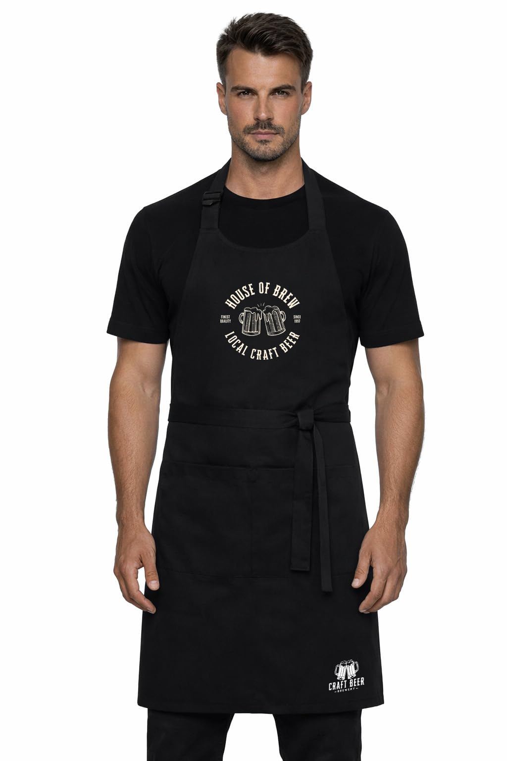 NXT-Horizon Custom Logo Apron, Personalised Restaurant & Catering Apron, Adjustable Neck Strap, Large Pocket, Cotton Twill Hospitality Uniform for Bar, Café, Brewery & Kitchen Staff (Black)