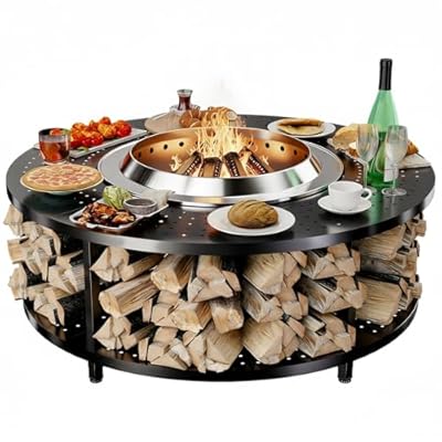 Fire Pit Surround Tabletop for Solo Stove Bonfire 1.0&2.0 and Ranger 1.0&2.0, 41" Fire Pit Surround Tabletop with Wood Storage Shelf, Powder-Coated Steel Surround Tabletop with Extra Space